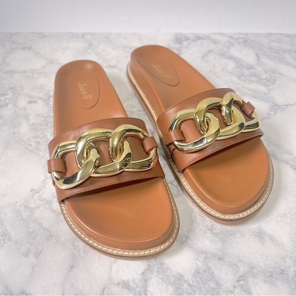 NWOB Saint G KIERA CUOIO GOLD CHAIN-LINK TRIM
SLIDES BROWN COGNAC LEATHER SANDAL - Picture 1 of 9